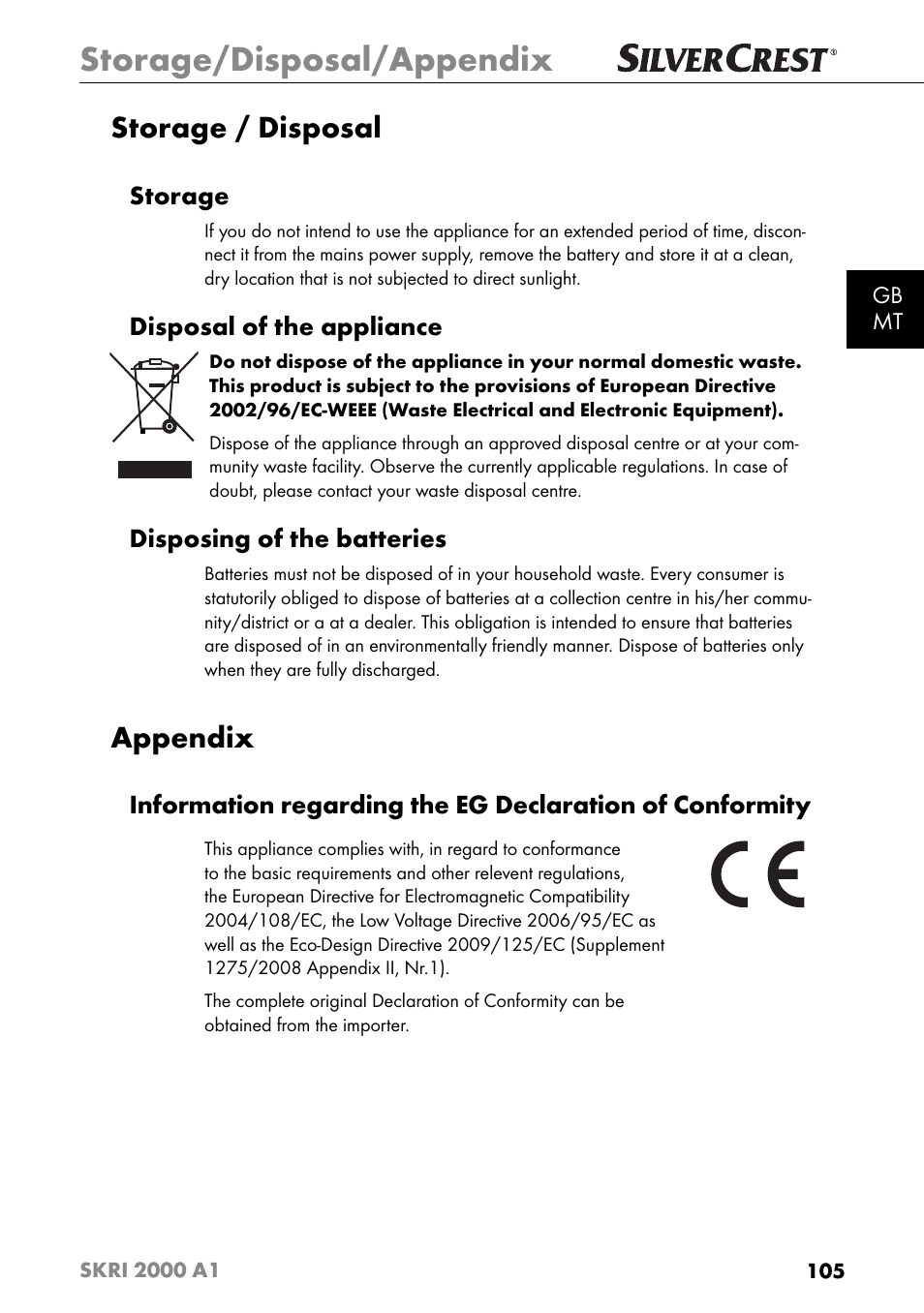 Storage/disposal/appendix, Storage / disposal, Appendix | Storage, Disposal of the appliance, Disposing of the batteries | Silvercrest SKRI 2000 A1 User Manual | Page 108 / 147