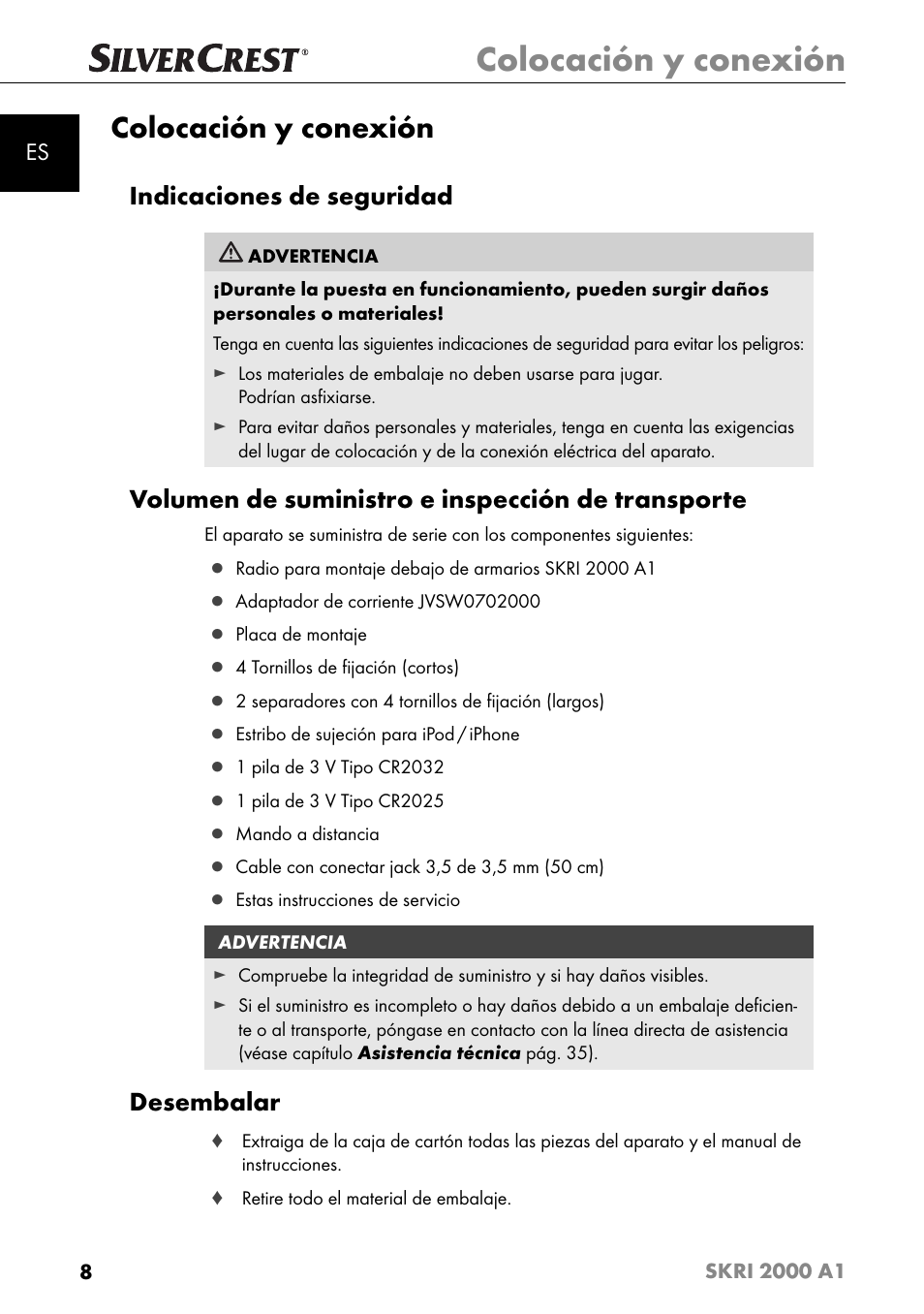 Colocación y conexión, Indicaciones de seguridad, Volumen de suministro e inspección de transporte | Desembalar | Silvercrest SKRI 2000 A1 User Manual | Page 11 / 147