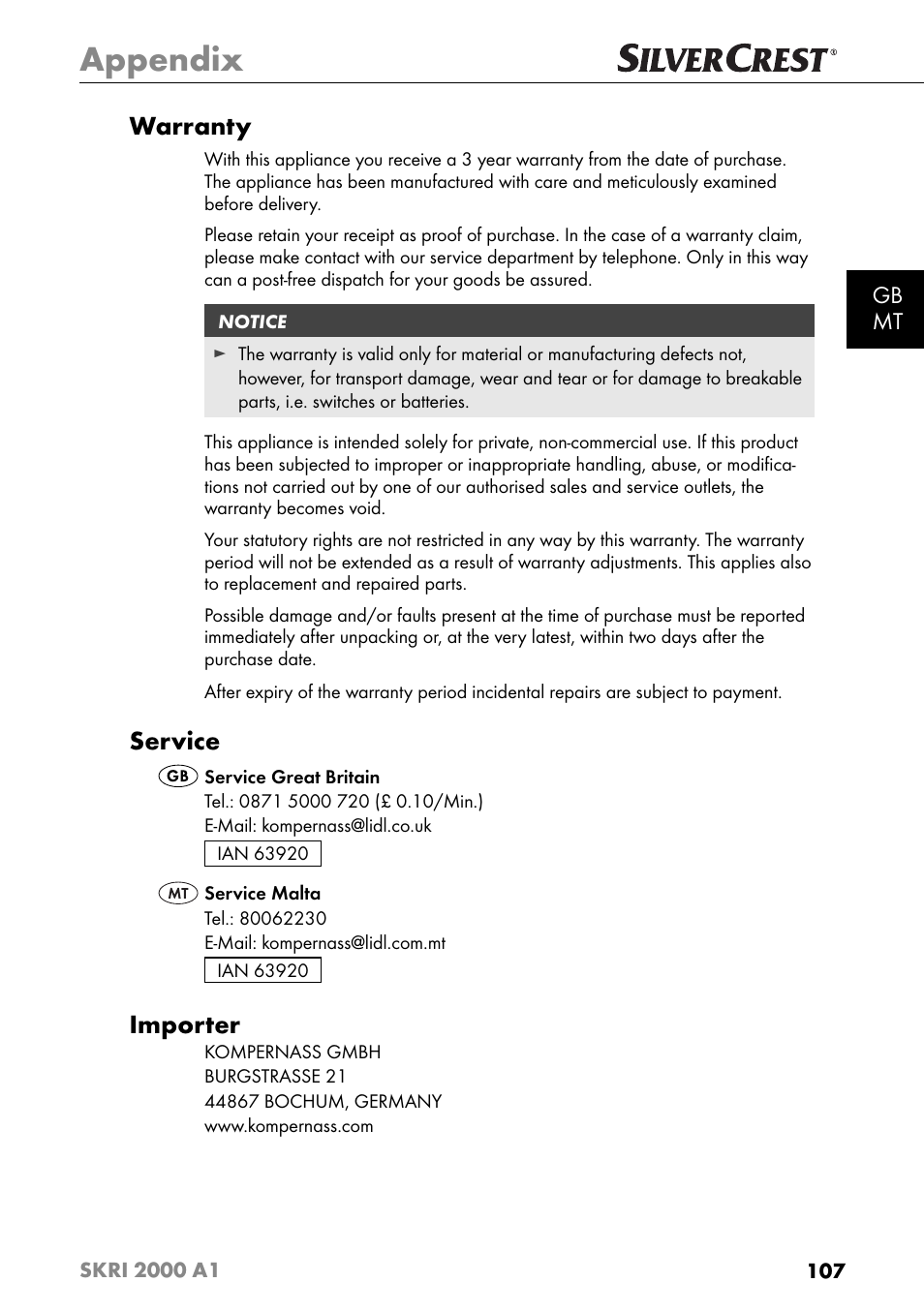 Appendix, Warranty, Service | Importer, Gb mt | Silvercrest SKRI 2000 A1 User Manual | Page 110 / 147