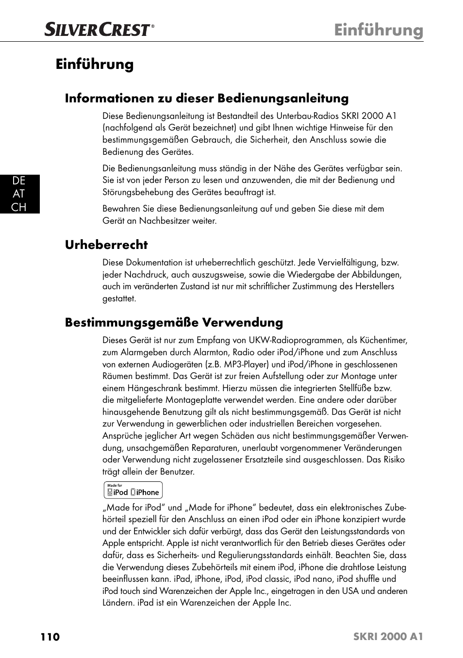 Einführung, Informationen zu dieser bedienungsanleitung, Urheberrecht | Bestimmungsgemäße verwendung | Silvercrest SKRI 2000 A1 User Manual | Page 113 / 147