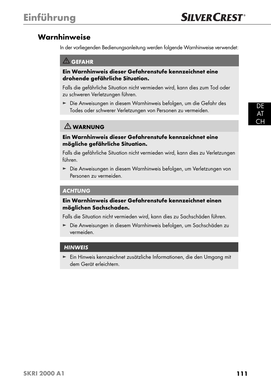 Einführung, Warnhinweise, De at ch | Silvercrest SKRI 2000 A1 User Manual | Page 114 / 147