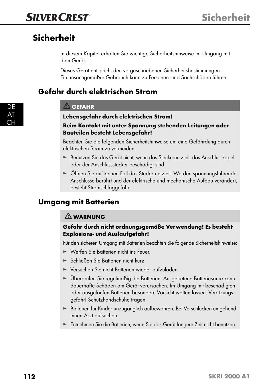 Sicherheit, Gefahr durch elektrischen strom, Umgang mit batterien | De at ch | Silvercrest SKRI 2000 A1 User Manual | Page 115 / 147