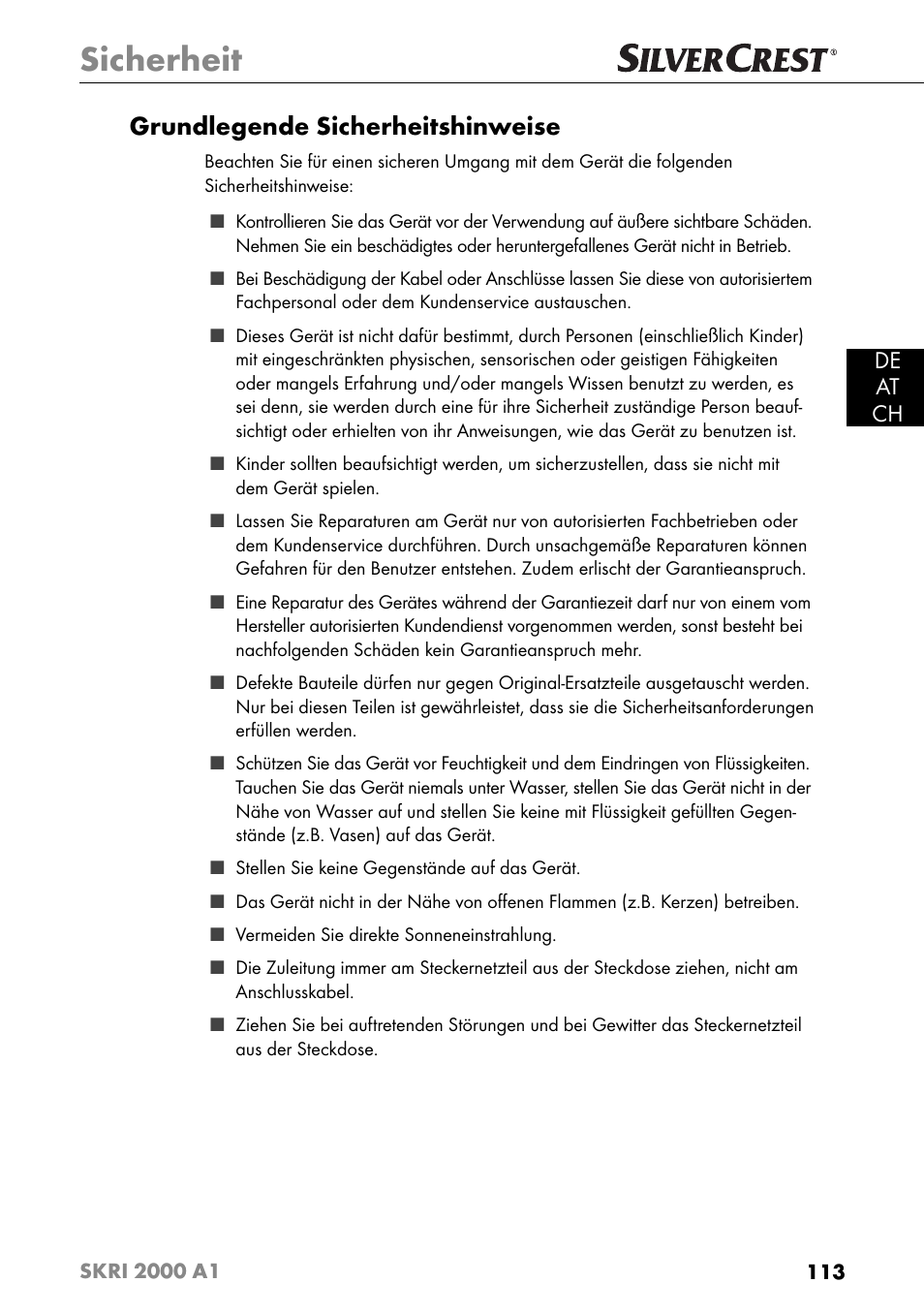Sicherheit, Grundlegende sicherheitshinweise, De at ch | Silvercrest SKRI 2000 A1 User Manual | Page 116 / 147