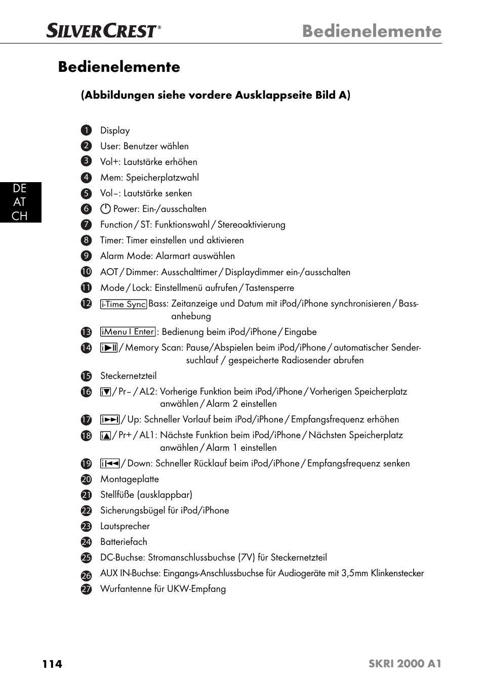 Bedienelemente, De at ch | Silvercrest SKRI 2000 A1 User Manual | Page 117 / 147