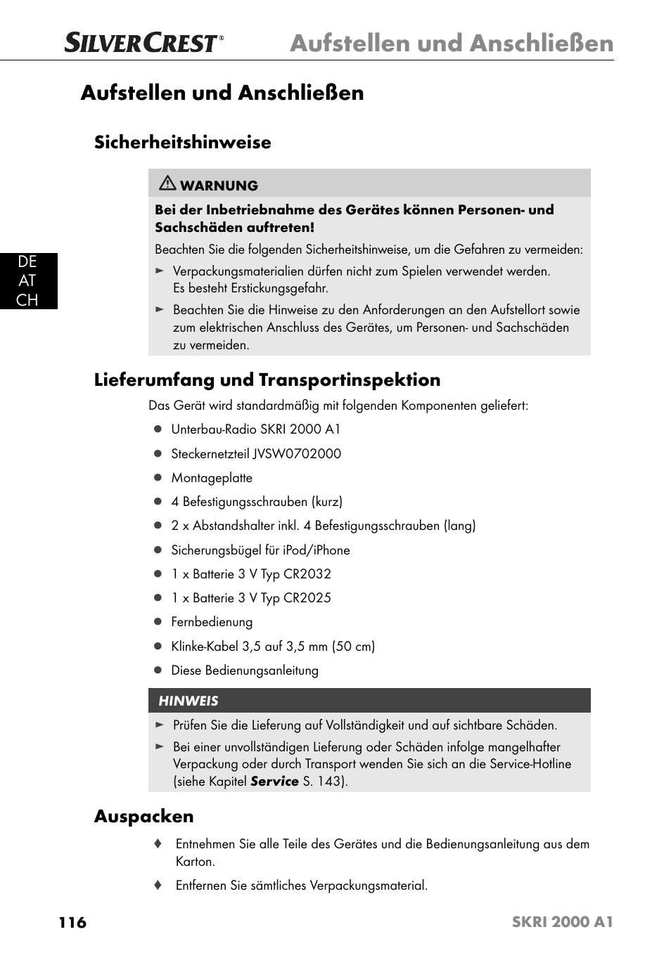 Aufstellen und anschließen, Sicherheitshinweise, Lieferumfang und transportinspektion | Auspacken, De at ch | Silvercrest SKRI 2000 A1 User Manual | Page 119 / 147