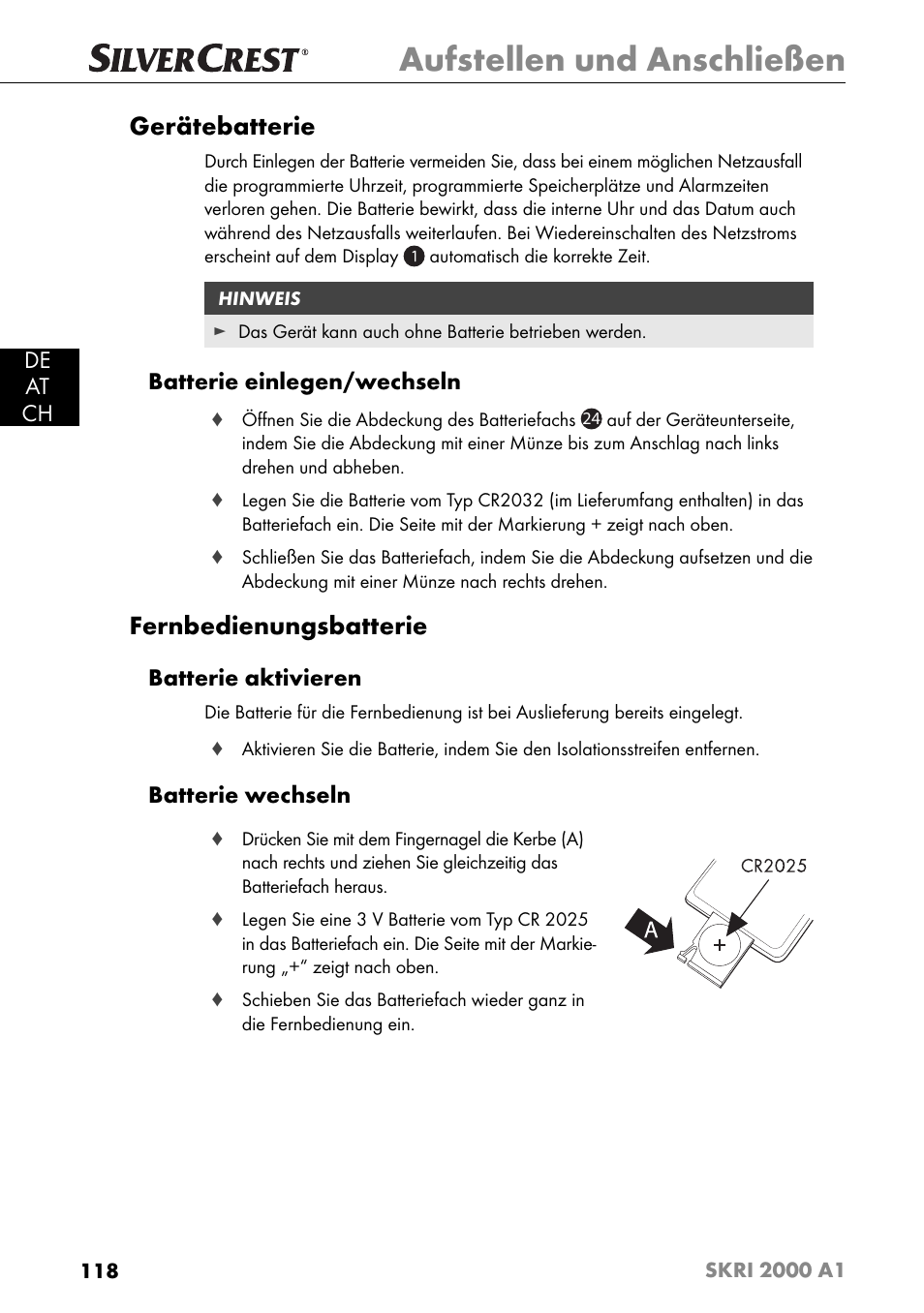 Aufstellen und anschließen, Gerätebatterie, Fernbedienungsbatterie | De at ch, Batterie einlegen/wechseln, Batterie aktivieren, Batterie wechseln | Silvercrest SKRI 2000 A1 User Manual | Page 121 / 147