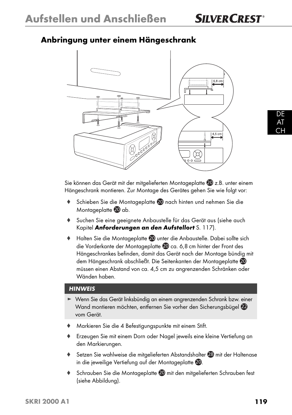 Aufstellen und anschließen, Anbringung unter einem hängeschrank, De at ch | Silvercrest SKRI 2000 A1 User Manual | Page 122 / 147