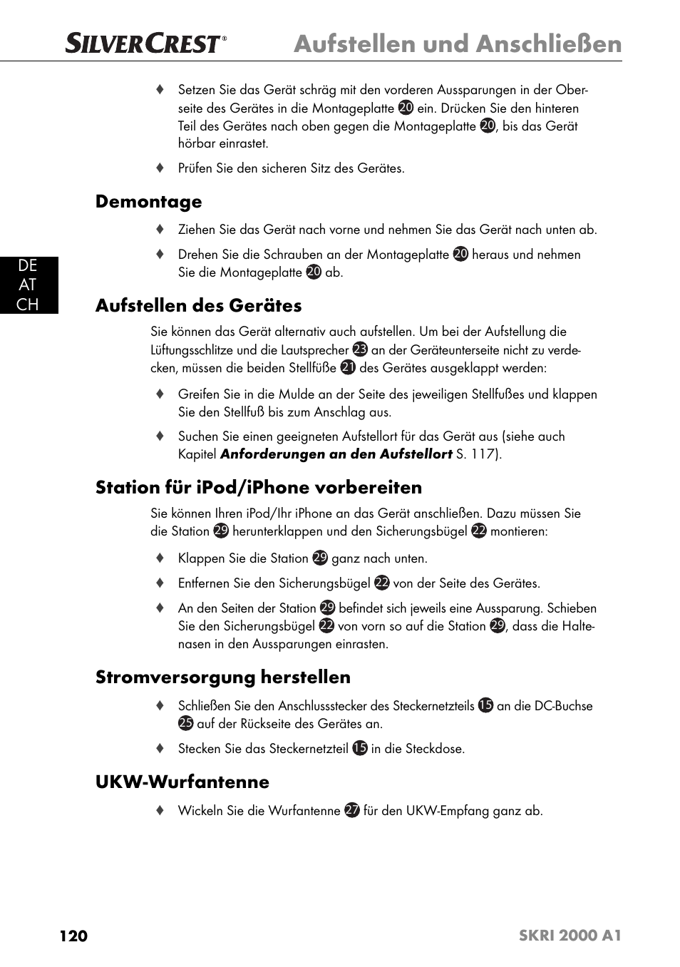 Aufstellen und anschließen, Demontage, Aufstellen des gerätes | Station für ipod/iphone vorbereiten, Stromversorgung herstellen, Ukw-wurfantenne, De at ch | Silvercrest SKRI 2000 A1 User Manual | Page 123 / 147