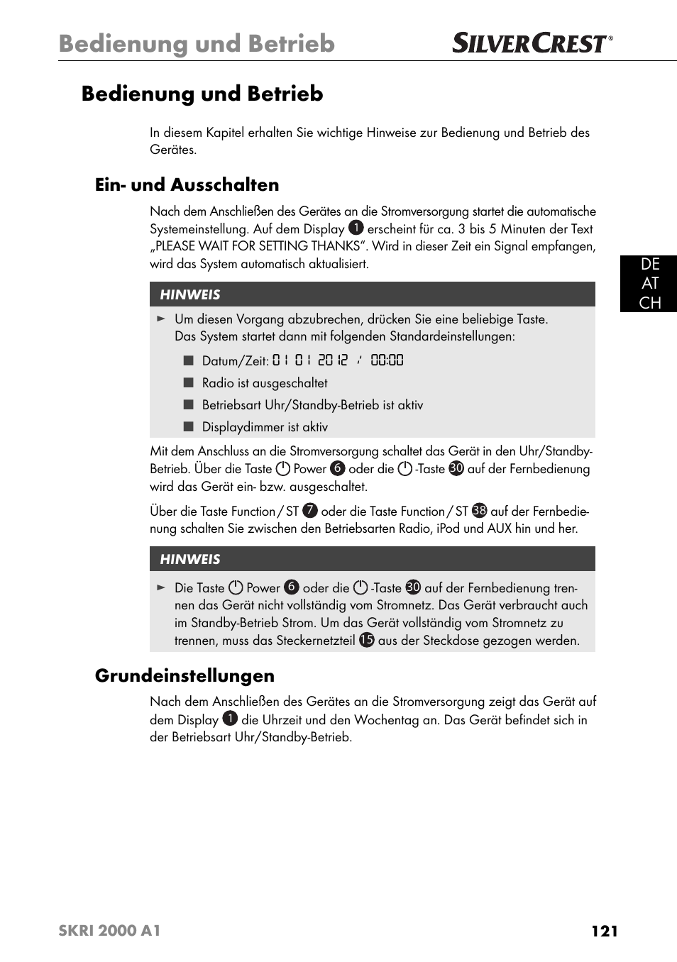 Bedienung und betrieb, Ein- und ausschalten, Grundeinstellungen | De at ch | Silvercrest SKRI 2000 A1 User Manual | Page 124 / 147