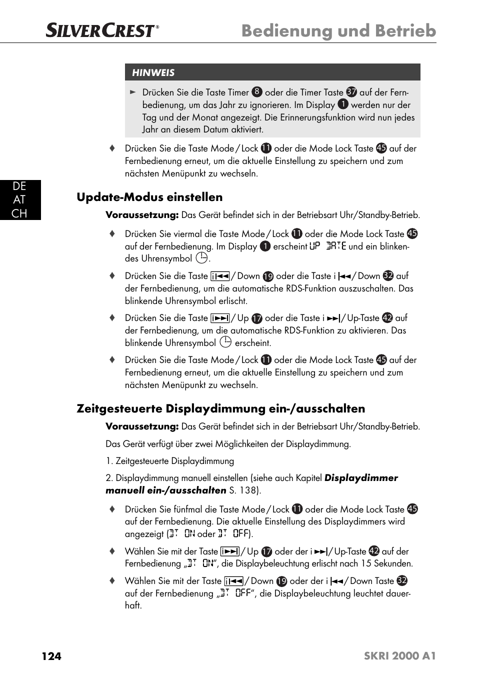 Bedienung und betrieb, De at ch, Update-modus einstellen | Zeitgesteuerte displaydimmung ein-/ausschalten | Silvercrest SKRI 2000 A1 User Manual | Page 127 / 147