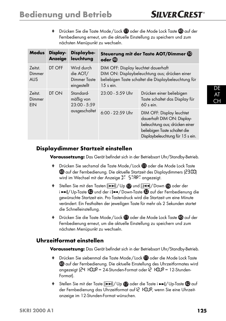 Bedienung und betrieb, De at ch, Displaydimmer startzeit einstellen | Uhrzeitformat einstellen | Silvercrest SKRI 2000 A1 User Manual | Page 128 / 147