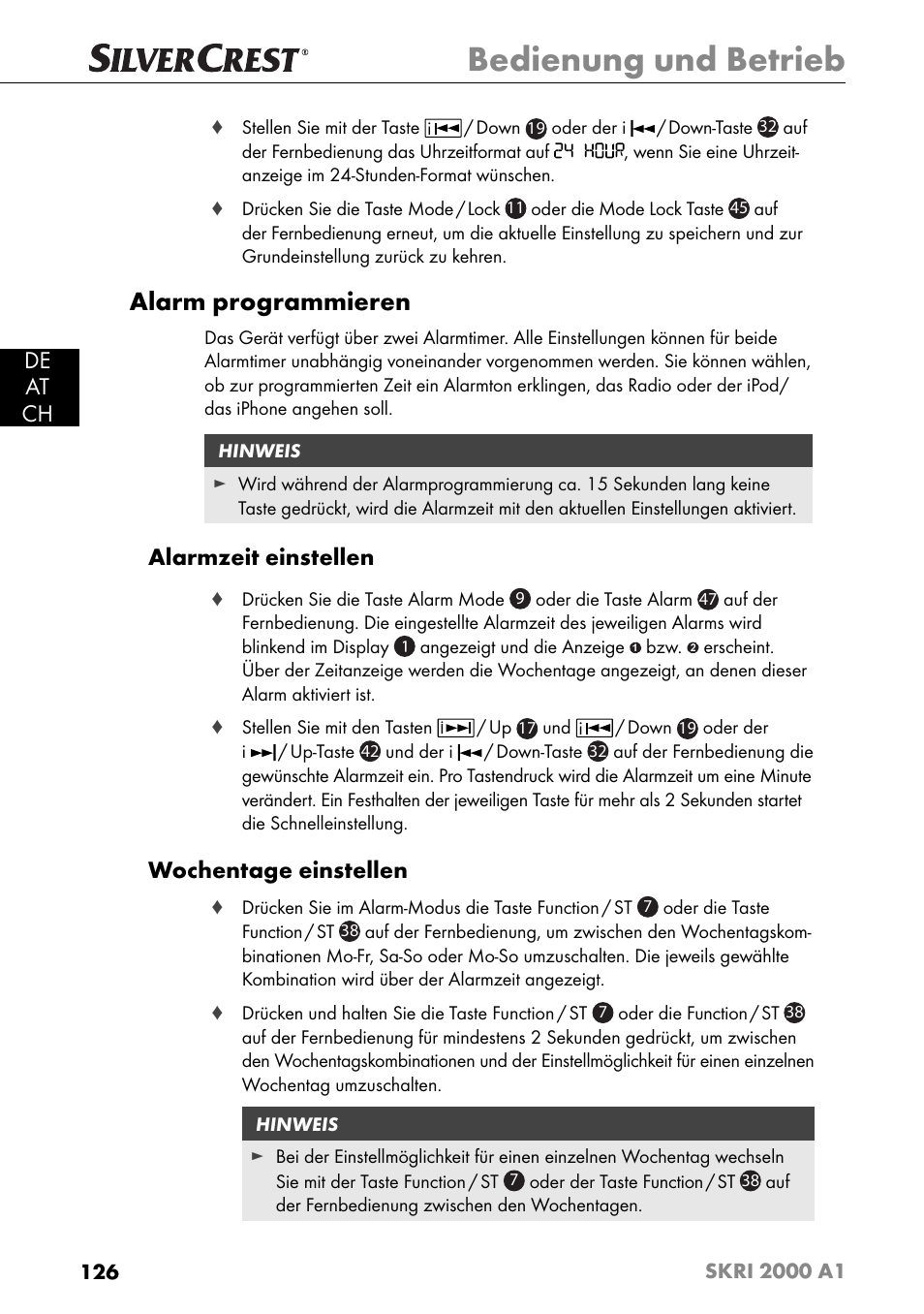 Bedienung und betrieb, Alarm programmieren, De at ch | Alarmzeit einstellen, Wochentage einstellen | Silvercrest SKRI 2000 A1 User Manual | Page 129 / 147