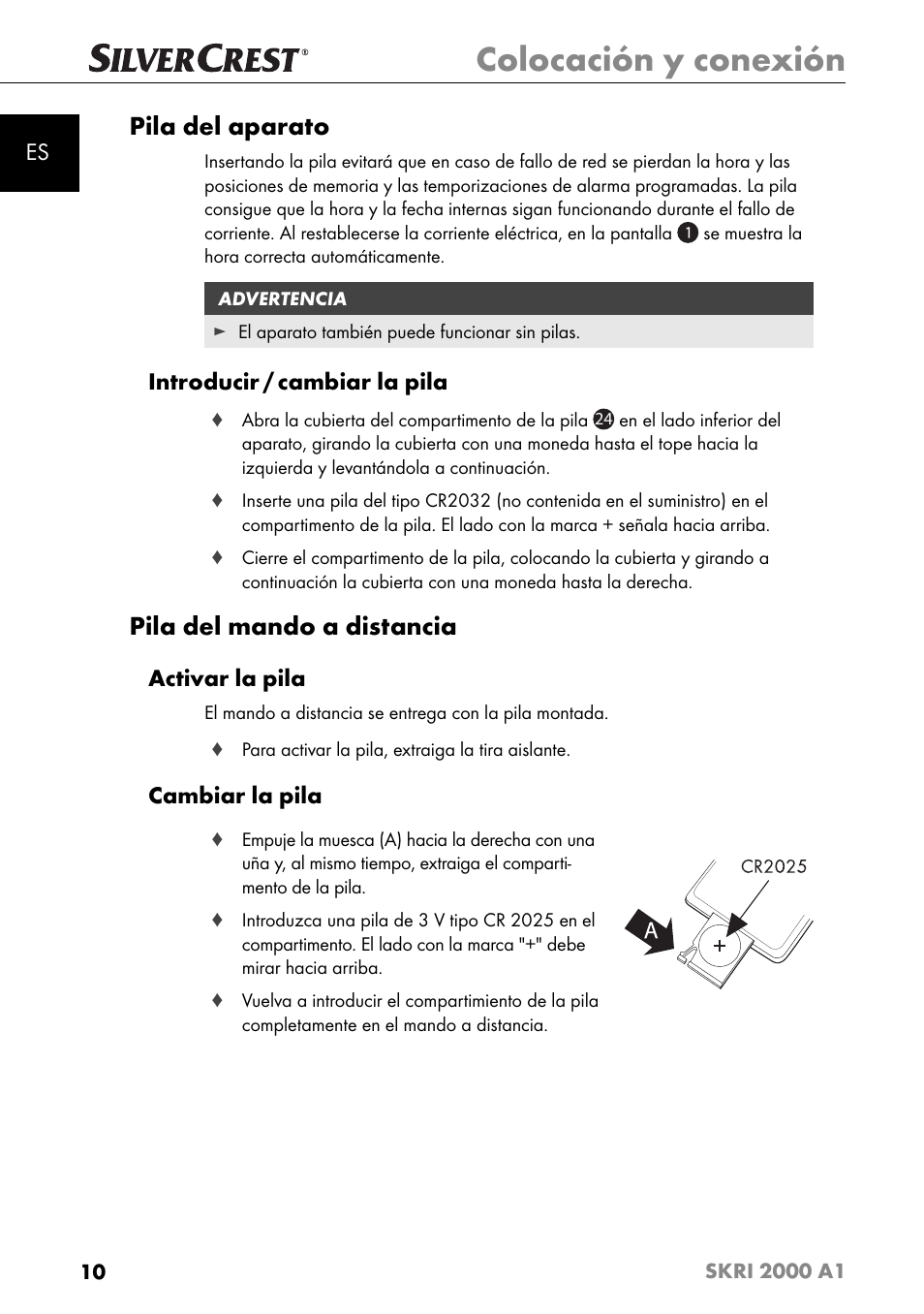 Colocación y conexión, Pila del aparato, Pila del mando a distancia | Introducir / cambiar la pila, Activar la pila, Cambiar la pila | Silvercrest SKRI 2000 A1 User Manual | Page 13 / 147
