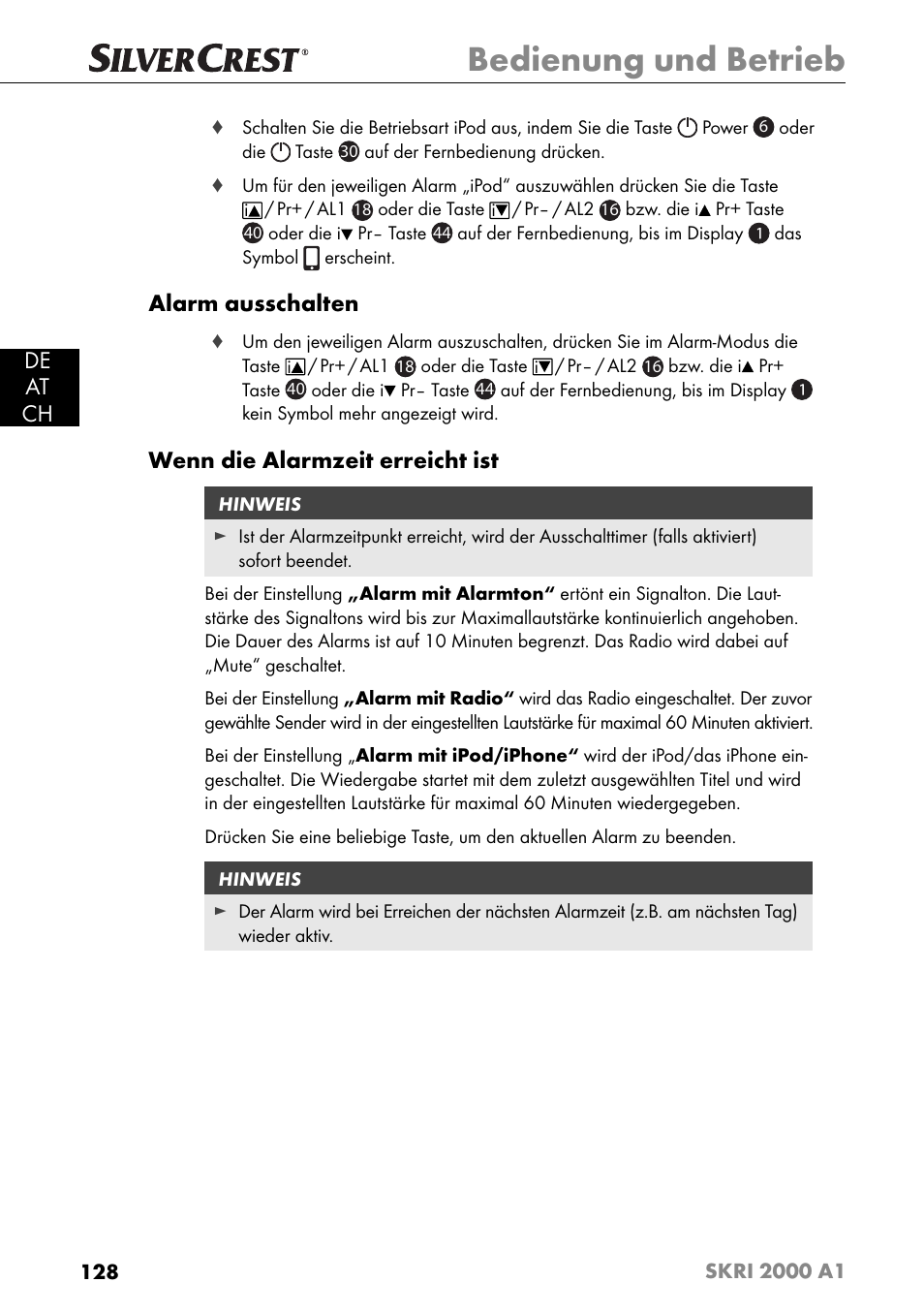 Bedienung und betrieb, De at ch, Alarm ausschalten | Wenn die alarmzeit erreicht ist | Silvercrest SKRI 2000 A1 User Manual | Page 131 / 147