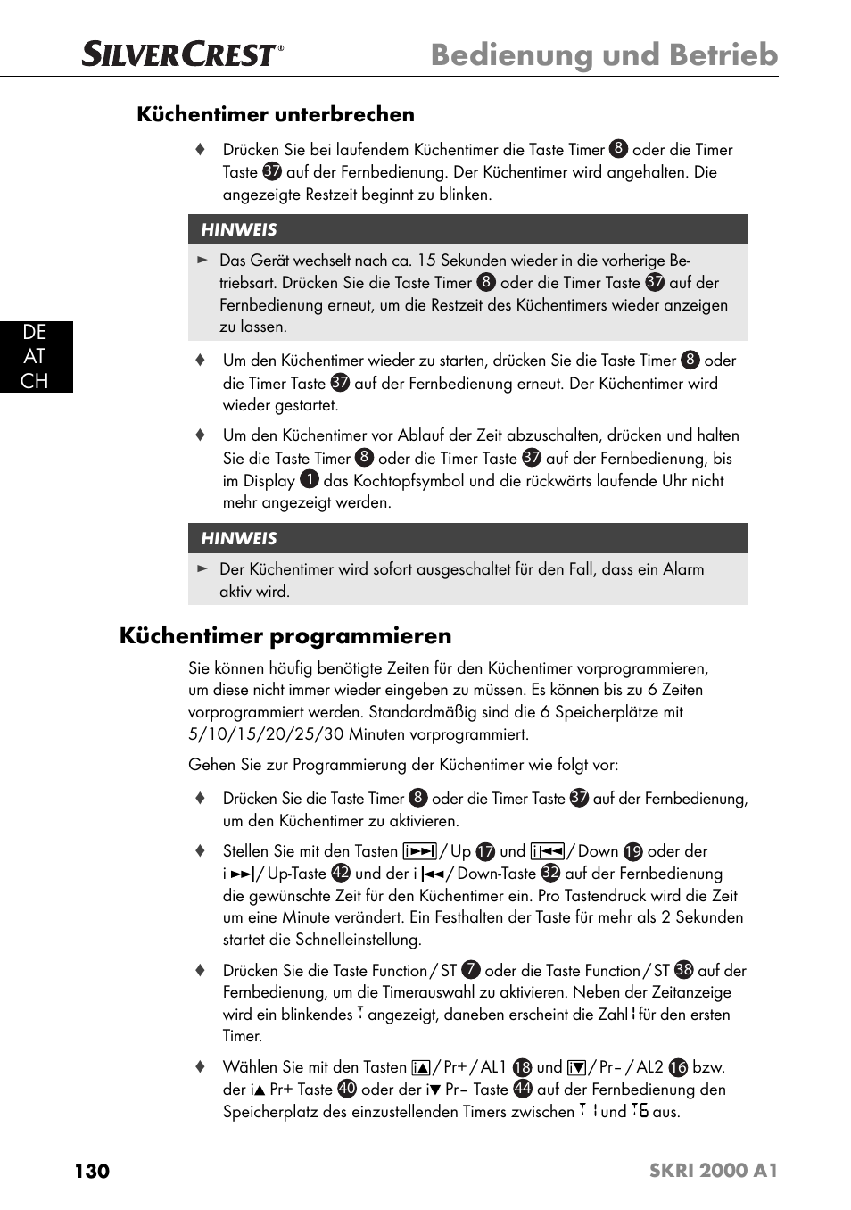 Bedienung und betrieb, Küchentimer programmieren, De at ch küchentimer unterbrechen | Silvercrest SKRI 2000 A1 User Manual | Page 133 / 147