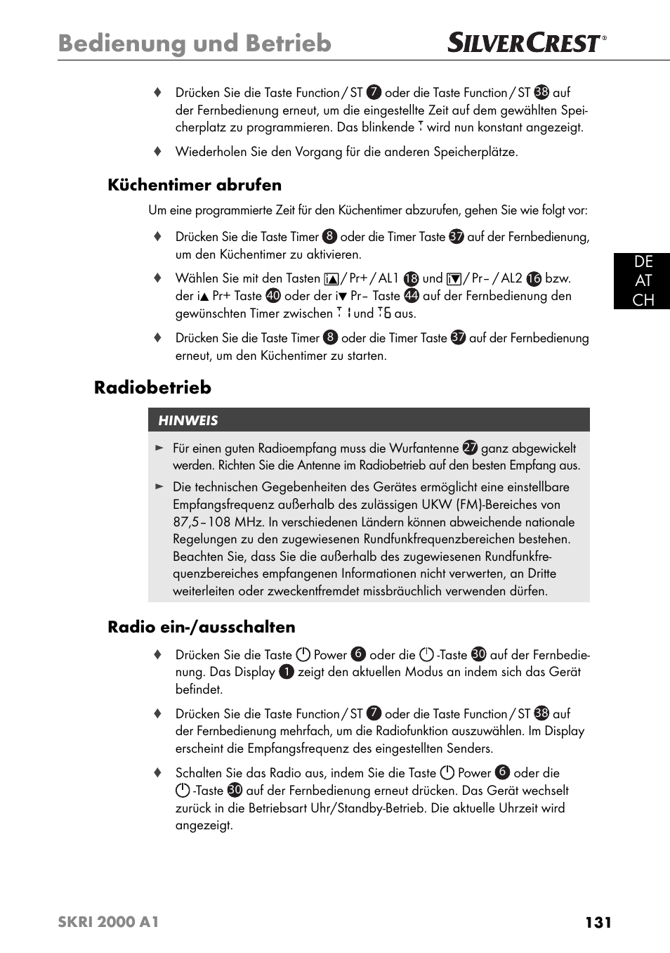 Bedienung und betrieb, Radiobetrieb, De at ch | Küchentimer abrufen, Radio ein-/ausschalten | Silvercrest SKRI 2000 A1 User Manual | Page 134 / 147