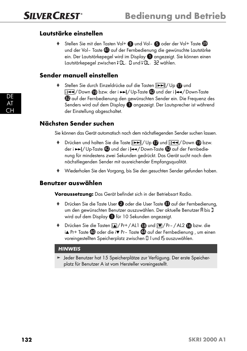 Bedienung und betrieb, De at ch lautstärke einstellen, Sender manuell einstellen | Nächsten sender suchen, Benutzer auswählen | Silvercrest SKRI 2000 A1 User Manual | Page 135 / 147