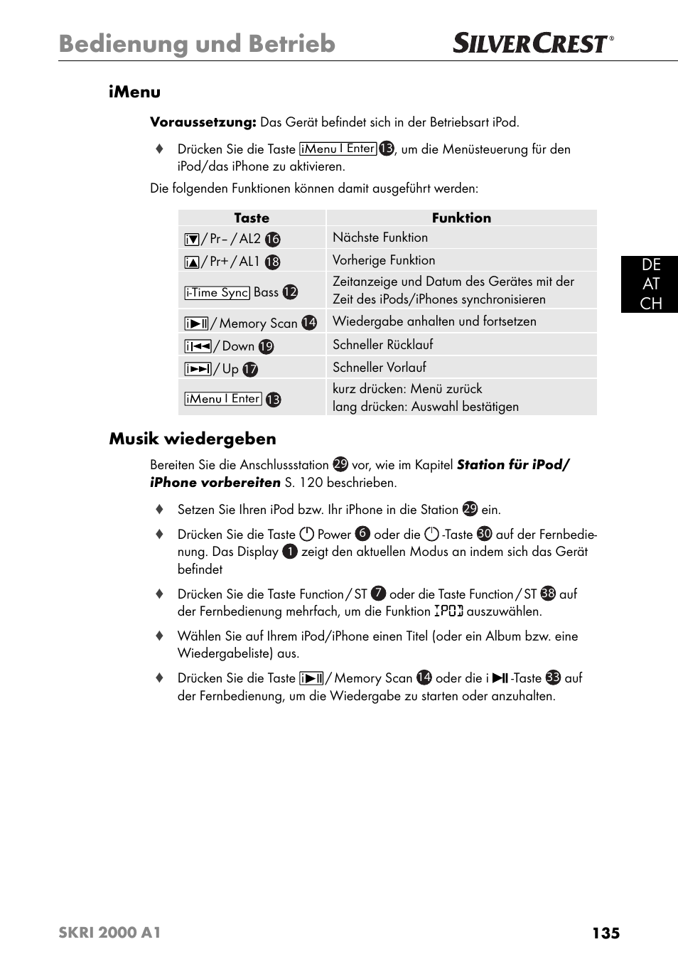 Bedienung und betrieb, De at ch imenu, Musik wiedergeben | Silvercrest SKRI 2000 A1 User Manual | Page 138 / 147