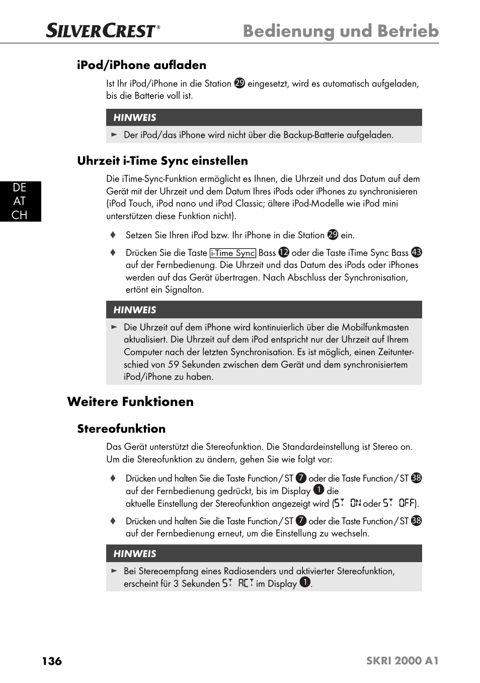 Bedienung und betrieb, Weitere funktionen, De at ch ipod/iphone auﬂ aden | Uhrzeit i-time sync einstellen, Stereofunktion | Silvercrest SKRI 2000 A1 User Manual | Page 139 / 147