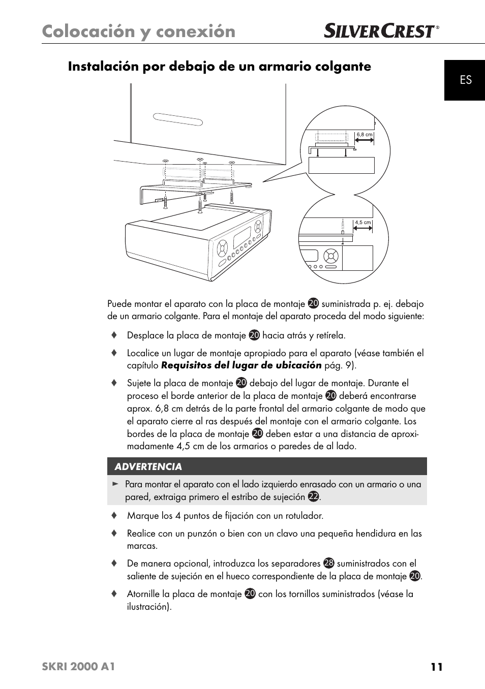 Colocación y conexión, Instalación por debajo de un armario colgante | Silvercrest SKRI 2000 A1 User Manual | Page 14 / 147