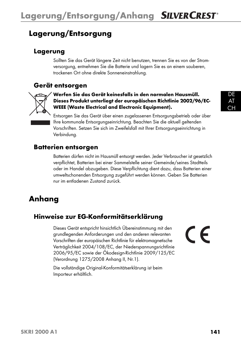 Lagerung/entsorgung/anhang, Lagerung/entsorgung, Anhang | Silvercrest SKRI 2000 A1 User Manual | Page 144 / 147