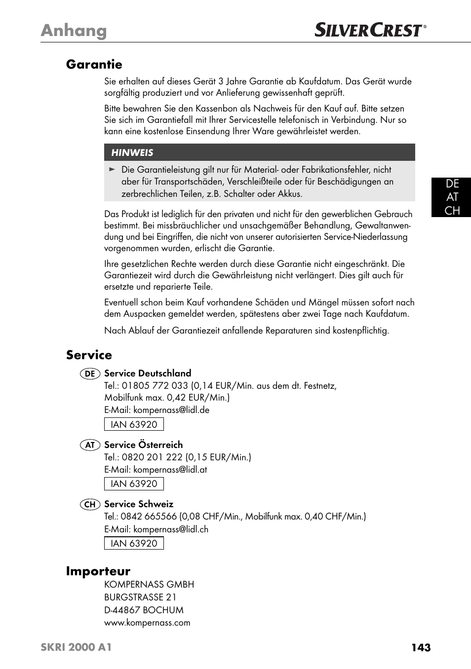 Anhang, Garantie, Service | Importeur, De at ch | Silvercrest SKRI 2000 A1 User Manual | Page 146 / 147