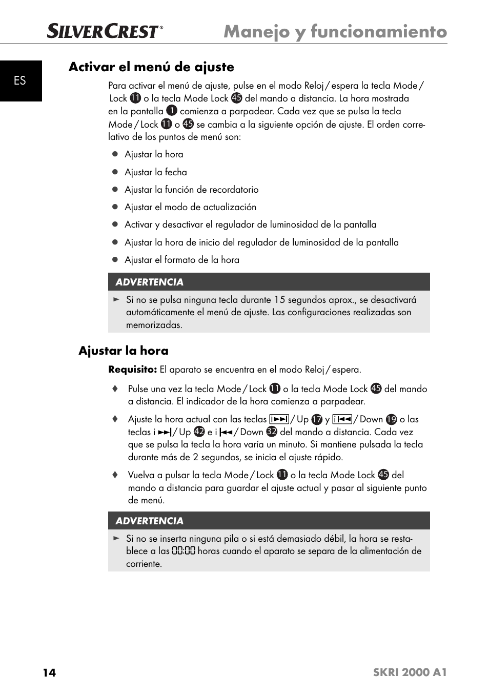 Manejo y funcionamiento, Activar el menú de ajuste, Ajustar la hora | Silvercrest SKRI 2000 A1 User Manual | Page 17 / 147