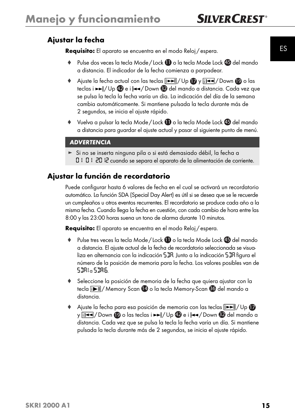 Manejo y funcionamiento, Es ajustar la fecha, Ajustar la función de recordatorio | Silvercrest SKRI 2000 A1 User Manual | Page 18 / 147