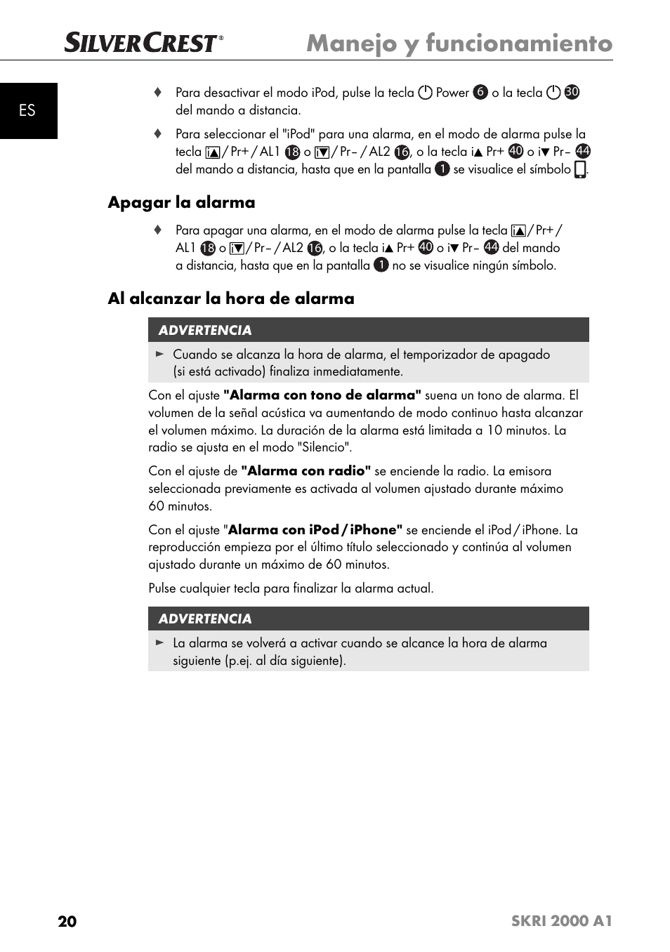 Manejo y funcionamiento, Apagar la alarma, Al alcanzar la hora de alarma | Silvercrest SKRI 2000 A1 User Manual | Page 23 / 147