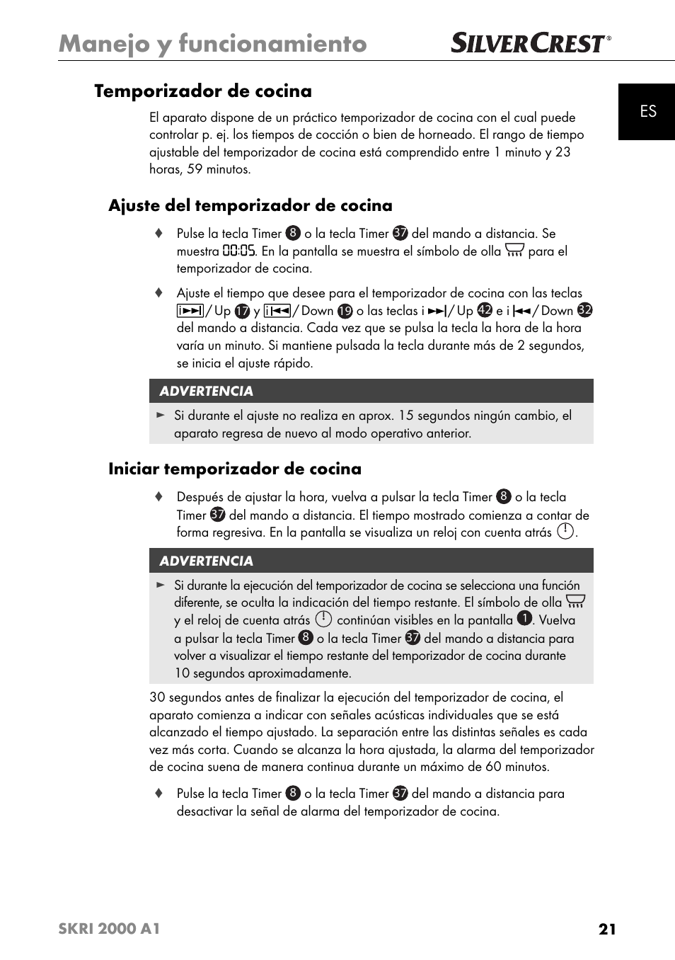 Manejo y funcionamiento, Temporizador de cocina, Ajuste del temporizador de cocina | Iniciar temporizador de cocina | Silvercrest SKRI 2000 A1 User Manual | Page 24 / 147