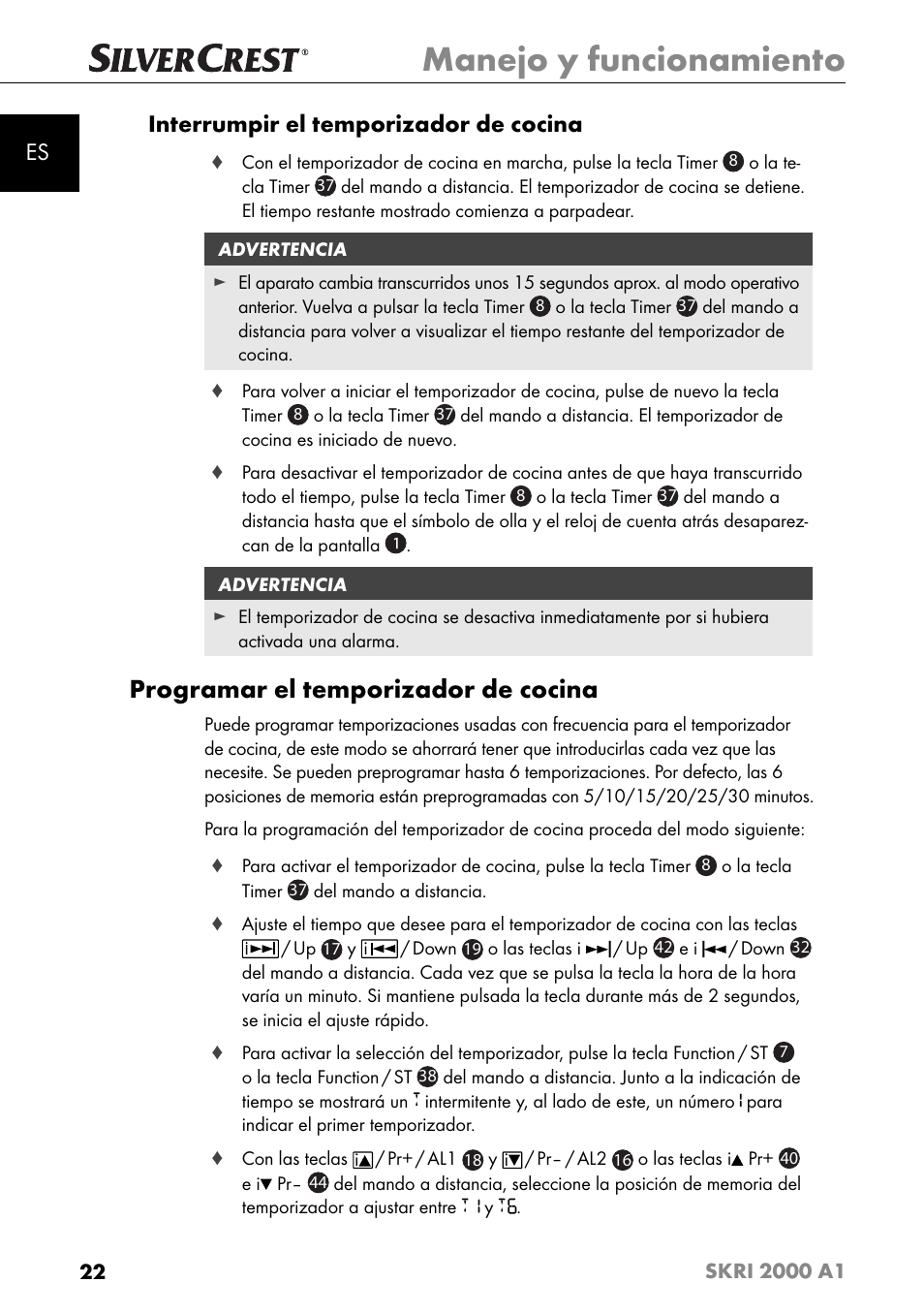 Manejo y funcionamiento, Programar el temporizador de cocina, Es interrumpir el temporizador de cocina | Silvercrest SKRI 2000 A1 User Manual | Page 25 / 147