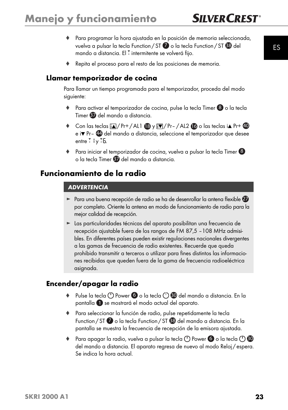 Manejo y funcionamiento, Funcionamiento de la radio, Llamar temporizador de cocina | Encender/apagar la radio | Silvercrest SKRI 2000 A1 User Manual | Page 26 / 147