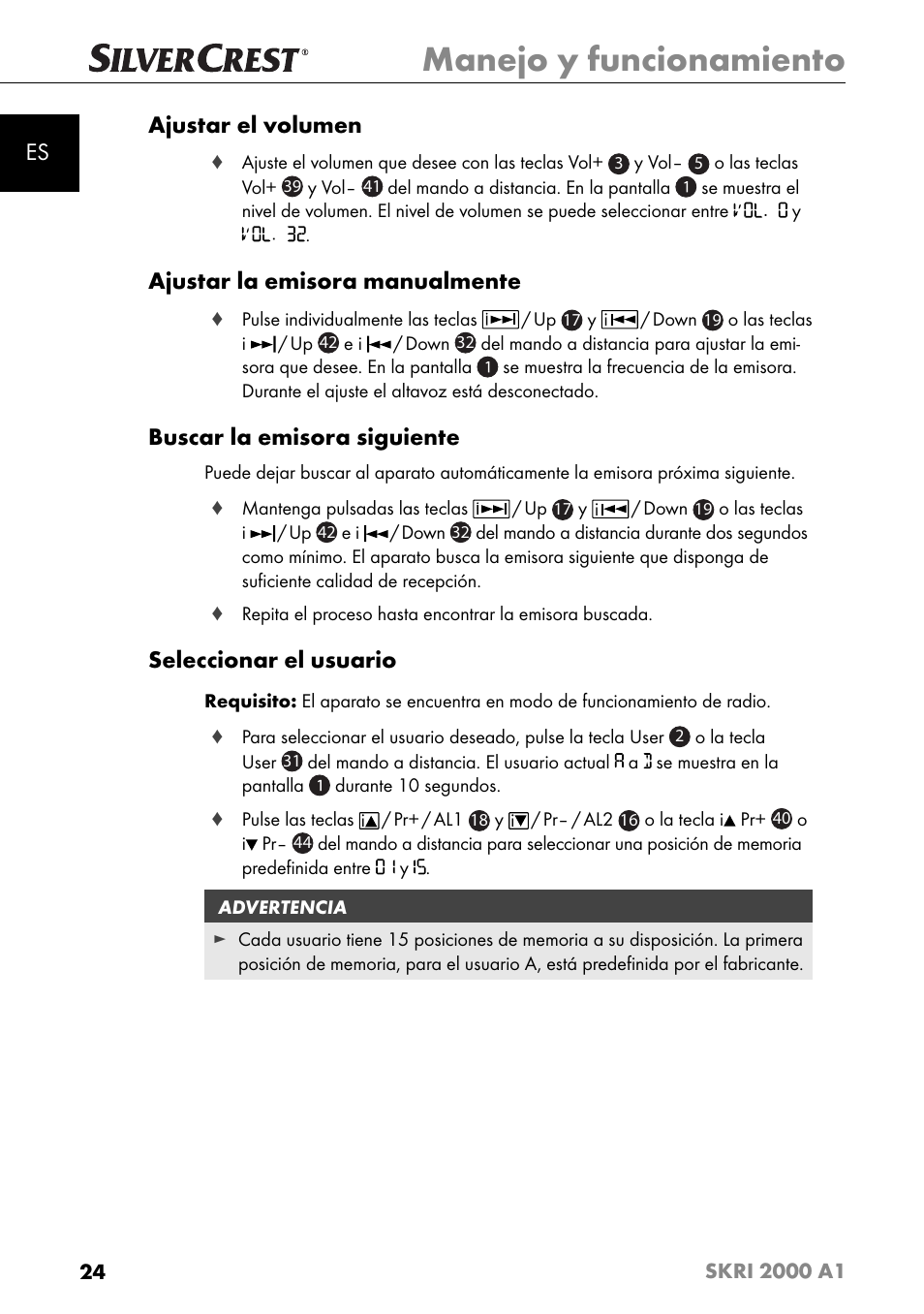 Manejo y funcionamiento, Es ajustar el volumen, Ajustar la emisora manualmente | Buscar la emisora siguiente, Seleccionar el usuario | Silvercrest SKRI 2000 A1 User Manual | Page 27 / 147