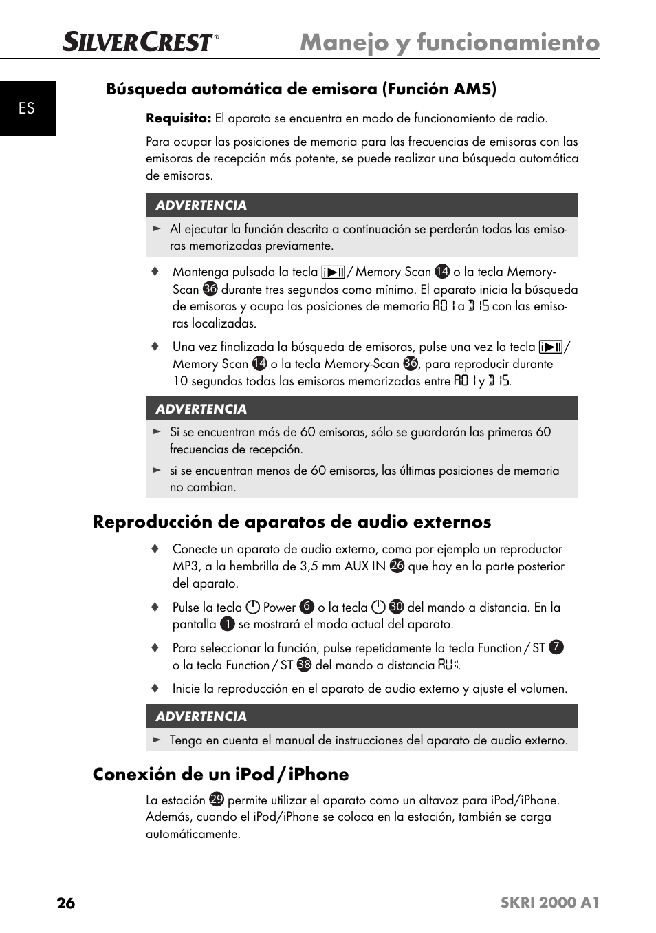 Manejo y funcionamiento, Reproducción de aparatos de audio externos, Conexión de un ipod / iphone | Es búsqueda automática de emisora (función ams) | Silvercrest SKRI 2000 A1 User Manual | Page 29 / 147