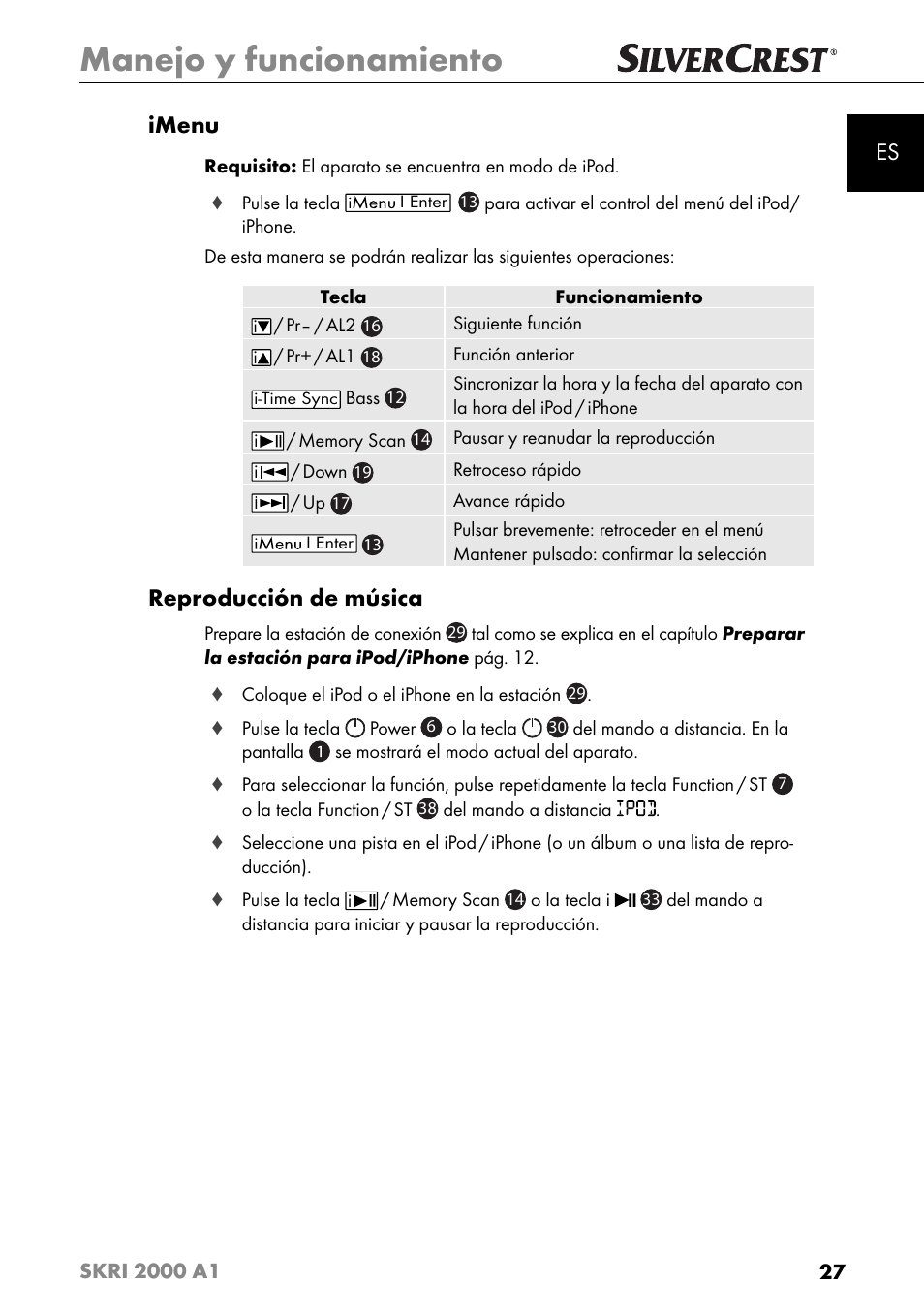 Manejo y funcionamiento, Es imenu, Reproducción de música | Silvercrest SKRI 2000 A1 User Manual | Page 30 / 147
