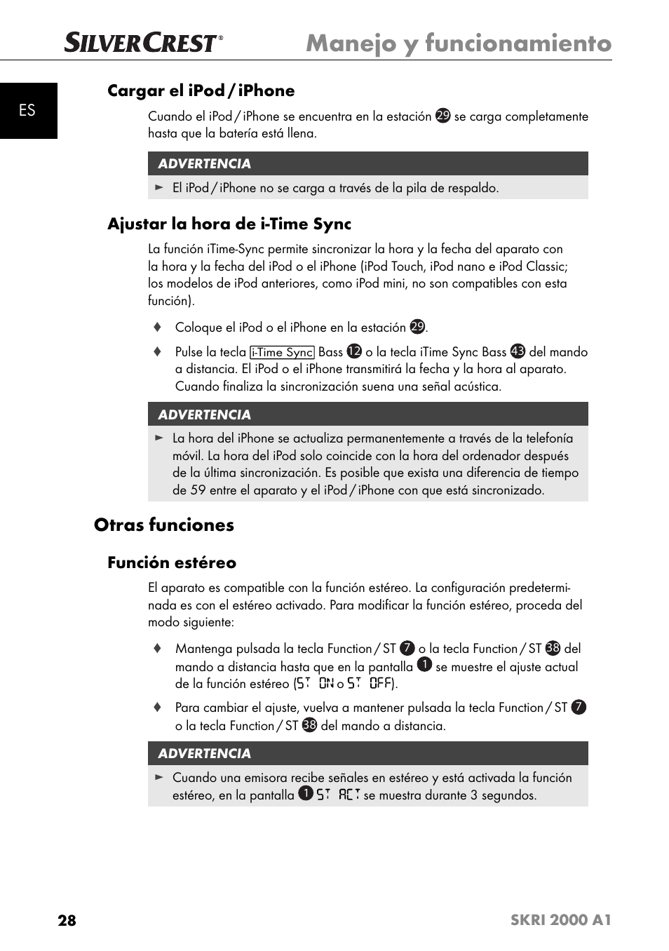 Manejo y funcionamiento, Otras funciones, Es cargar el ipod / iphone | Ajustar la hora de i-time sync, Función estéreo | Silvercrest SKRI 2000 A1 User Manual | Page 31 / 147