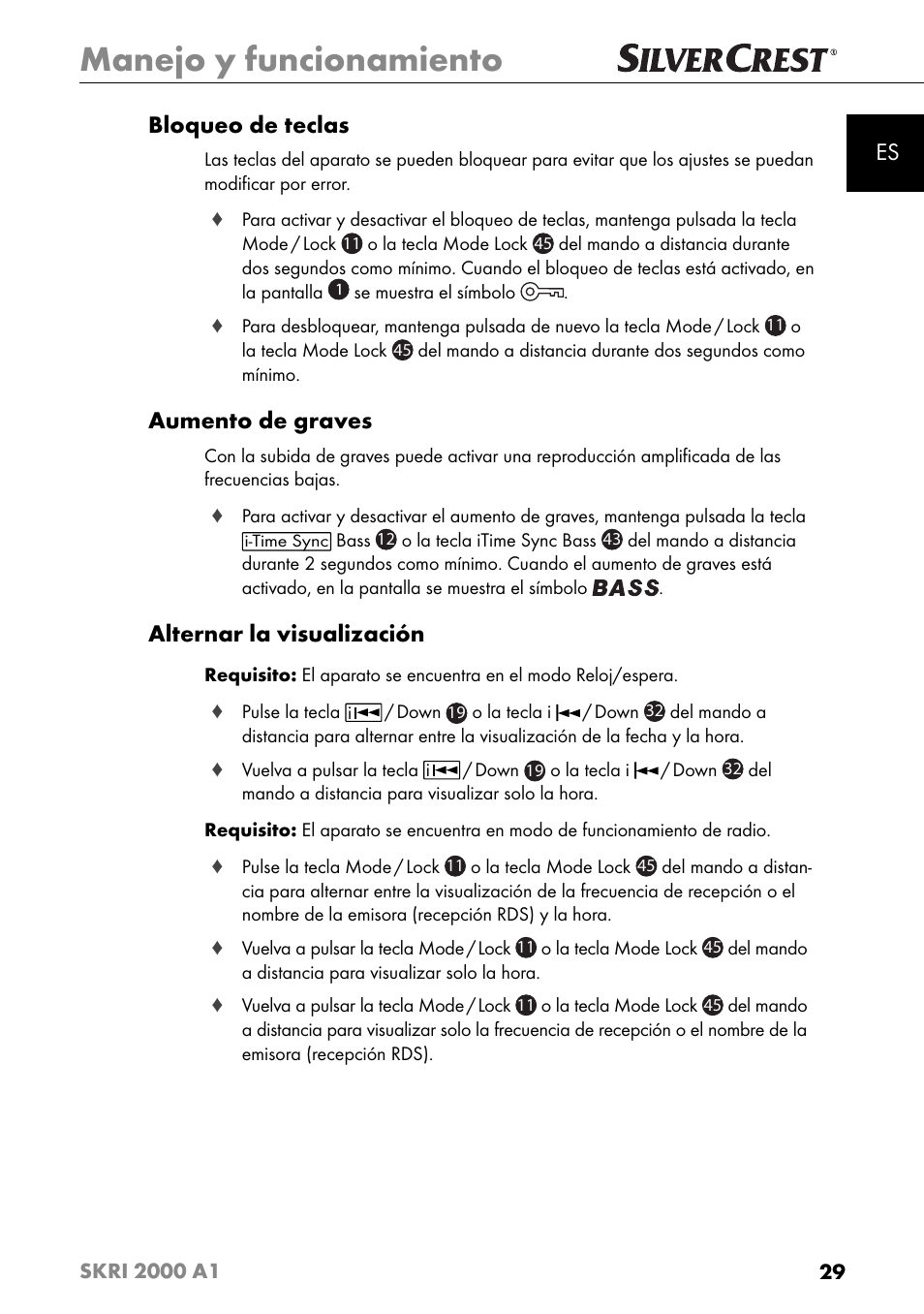Manejo y funcionamiento, Es bloqueo de teclas, Aumento de graves | Alternar la visualización | Silvercrest SKRI 2000 A1 User Manual | Page 32 / 147
