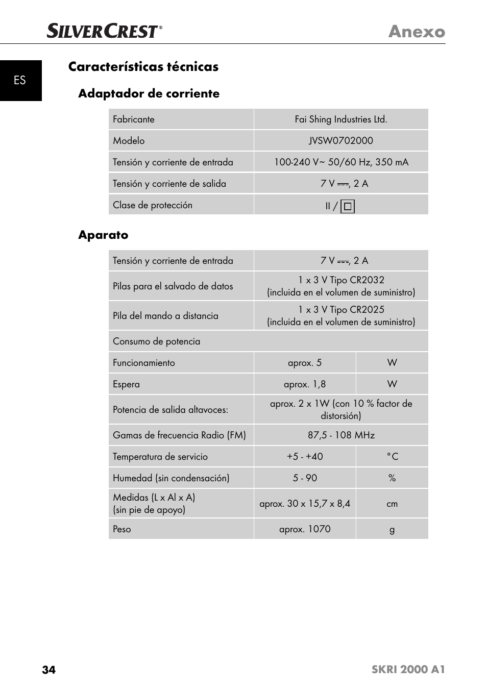 Anexo, Características técnicas, Adaptador de corriente | Aparato | Silvercrest SKRI 2000 A1 User Manual | Page 37 / 147