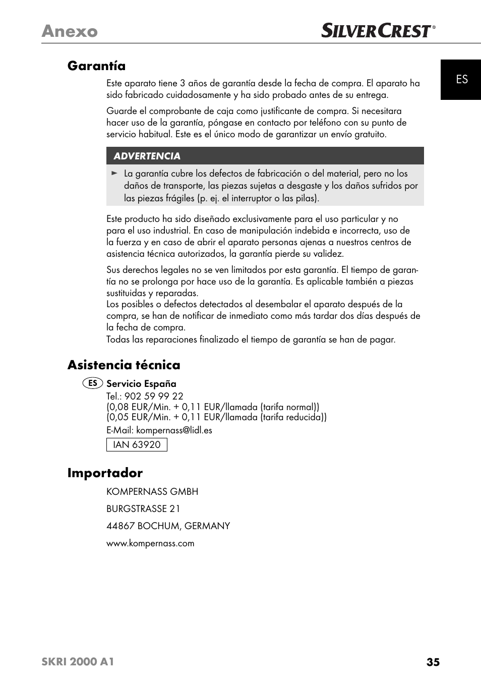 Anexo, Garantía, Asistencia técnica | Importador | Silvercrest SKRI 2000 A1 User Manual | Page 38 / 147