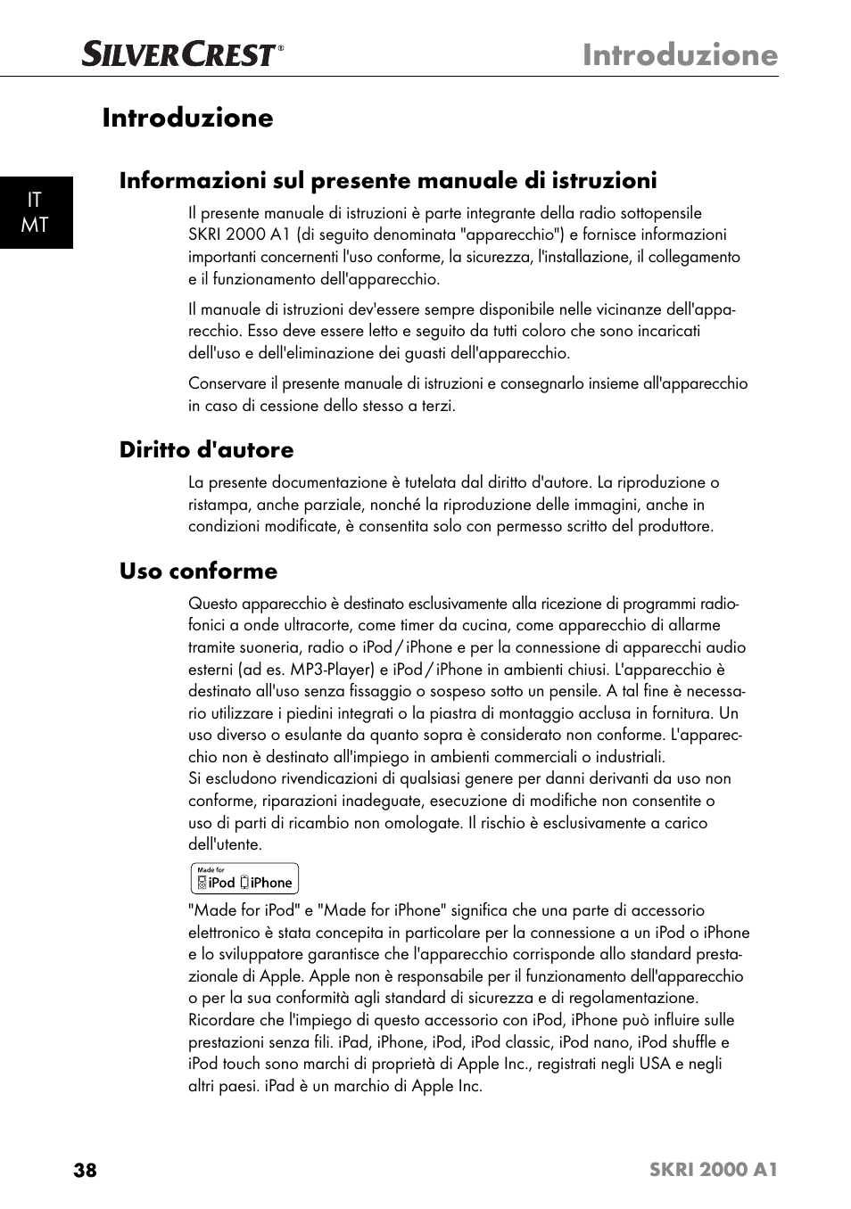 Introduzione, Informazioni sul presente manuale di istruzioni, Diritto d'autore | Uso conforme | Silvercrest SKRI 2000 A1 User Manual | Page 41 / 147