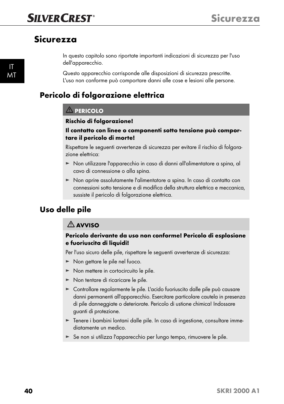 Sicurezza, Pericolo di folgorazione elettrica, Uso delle pile | It mt | Silvercrest SKRI 2000 A1 User Manual | Page 43 / 147