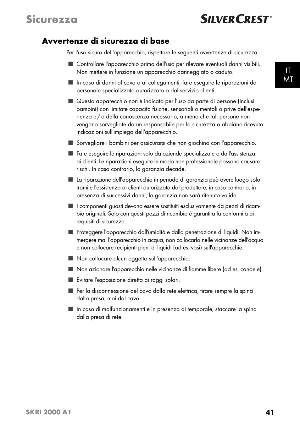 Sicurezza, Avvertenze di sicurezza di base, It mt | Silvercrest SKRI 2000 A1 User Manual | Page 44 / 147