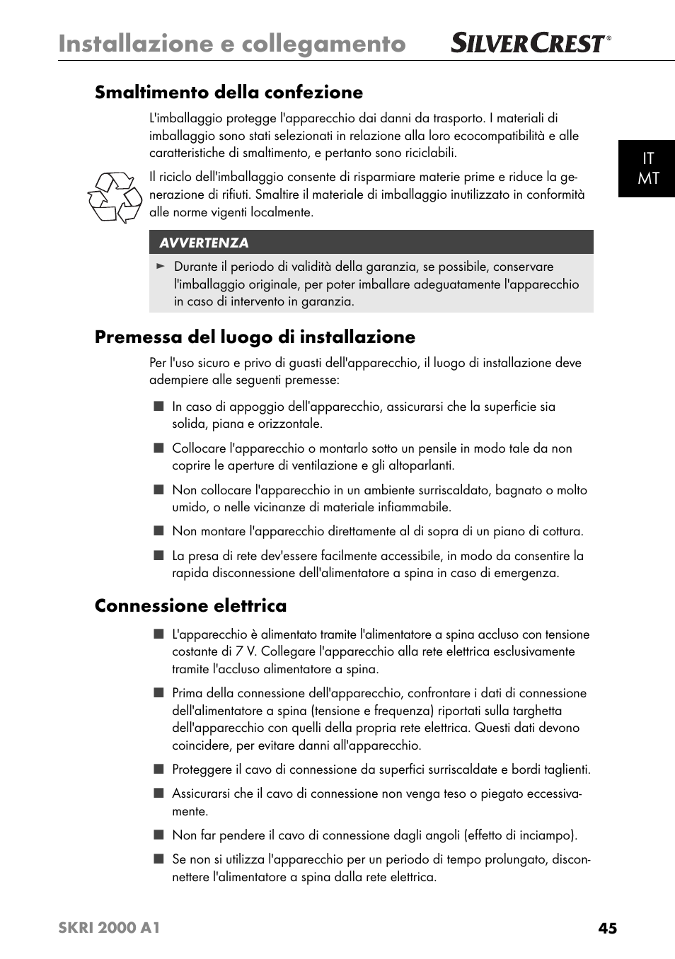 Installazione e collegamento, Smaltimento della confezione, Premessa del luogo di installazione | Connessione elettrica, It mt | Silvercrest SKRI 2000 A1 User Manual | Page 48 / 147