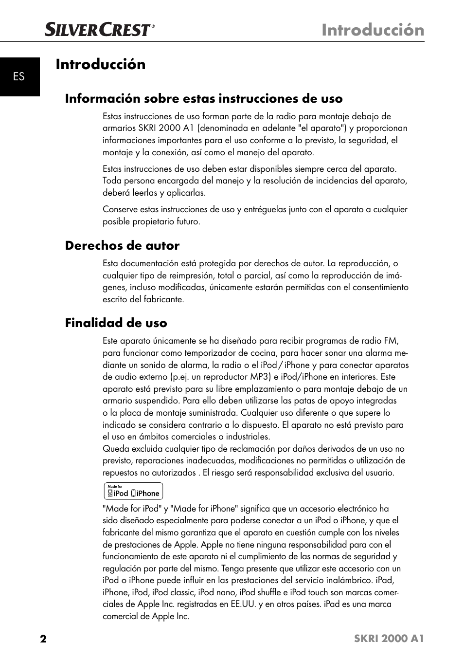 Introducción, Información sobre estas instrucciones de uso, Derechos de autor | Finalidad de uso | Silvercrest SKRI 2000 A1 User Manual | Page 5 / 147