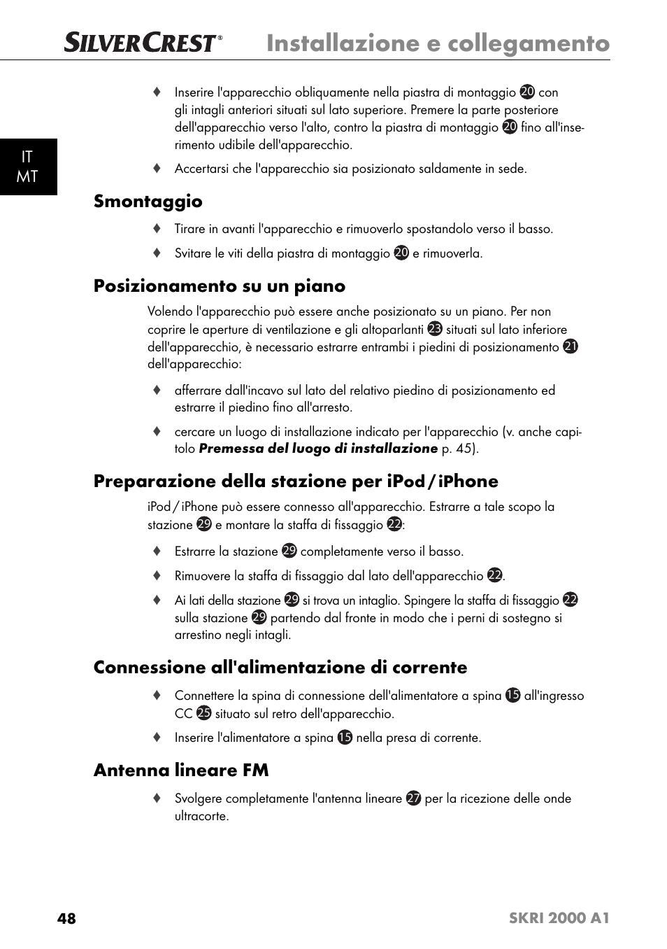 Installazione e collegamento, Smontaggio, Posizionamento su un piano | Preparazione della stazione per ip, Hone, Connessione all'alimentazione di corrente, Antenna lineare fm, It mt, Od / ip | Silvercrest SKRI 2000 A1 User Manual | Page 51 / 147