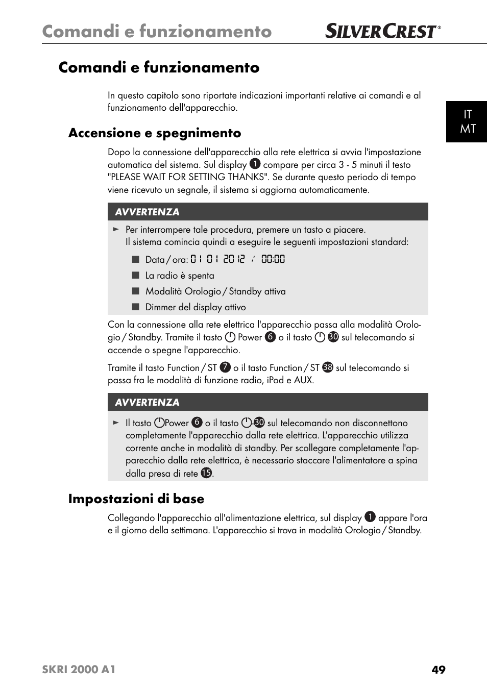 Comandi e funzionamento, Accensione e spegnimento, Impostazioni di base | It mt | Silvercrest SKRI 2000 A1 User Manual | Page 52 / 147