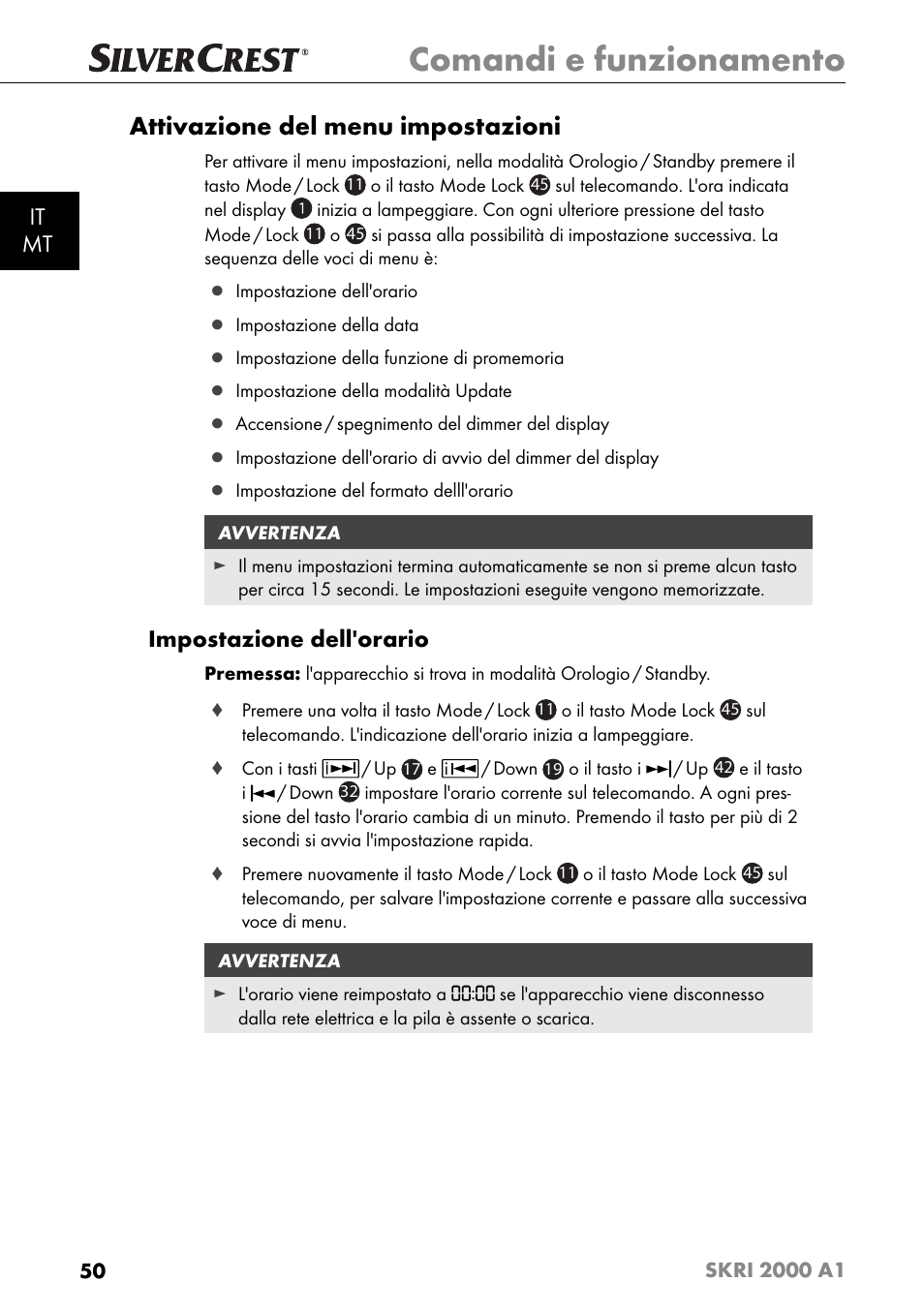 Comandi e funzionamento, Attivazione del menu impostazioni, It mt | Impostazione dell'orario | Silvercrest SKRI 2000 A1 User Manual | Page 53 / 147