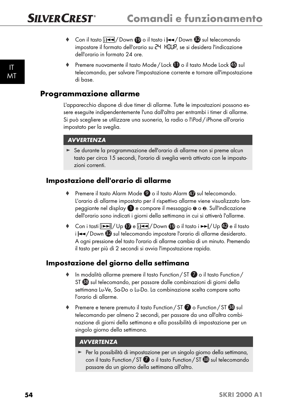 Comandi e funzionamento, Programmazione allarme, It mt | Impostazione dell'orario di allarme, Impostazione del giorno della settimana | Silvercrest SKRI 2000 A1 User Manual | Page 57 / 147