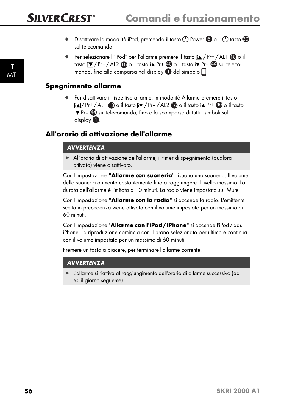 Comandi e funzionamento, It mt, Spegnimento allarme | All'orario di attivazione dell'allarme | Silvercrest SKRI 2000 A1 User Manual | Page 59 / 147