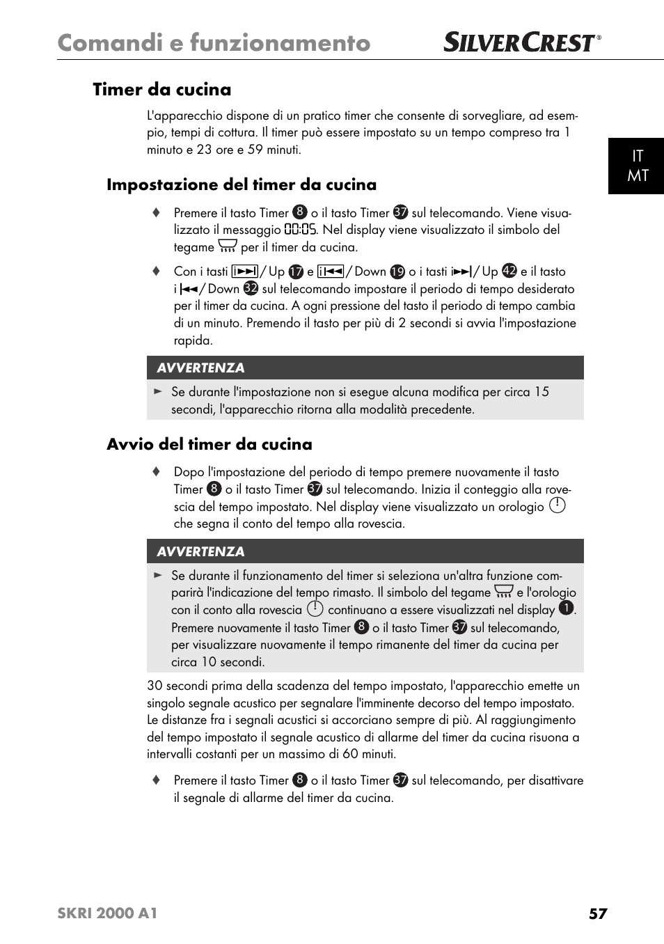 Comandi e funzionamento, Timer da cucina, It mt | Impostazione del timer da cucina, Avvio del timer da cucina | Silvercrest SKRI 2000 A1 User Manual | Page 60 / 147